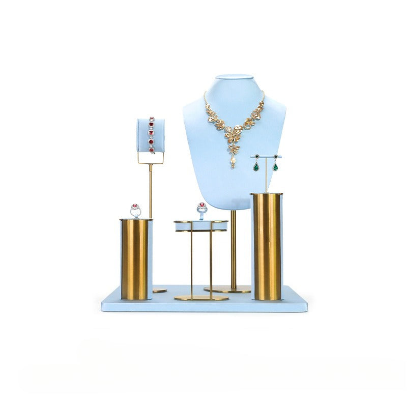 Light Blue & Gold Jewelry Display Set - Luxury Retail Stand with Necklace Bust, Earring & Ring Holders