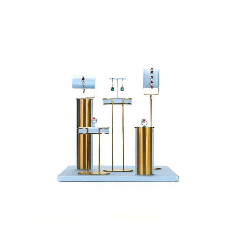 Light Blue & Gold Jewelry Display Set - Luxury Retail Stand with Necklace Bust, Earring & Ring Holders