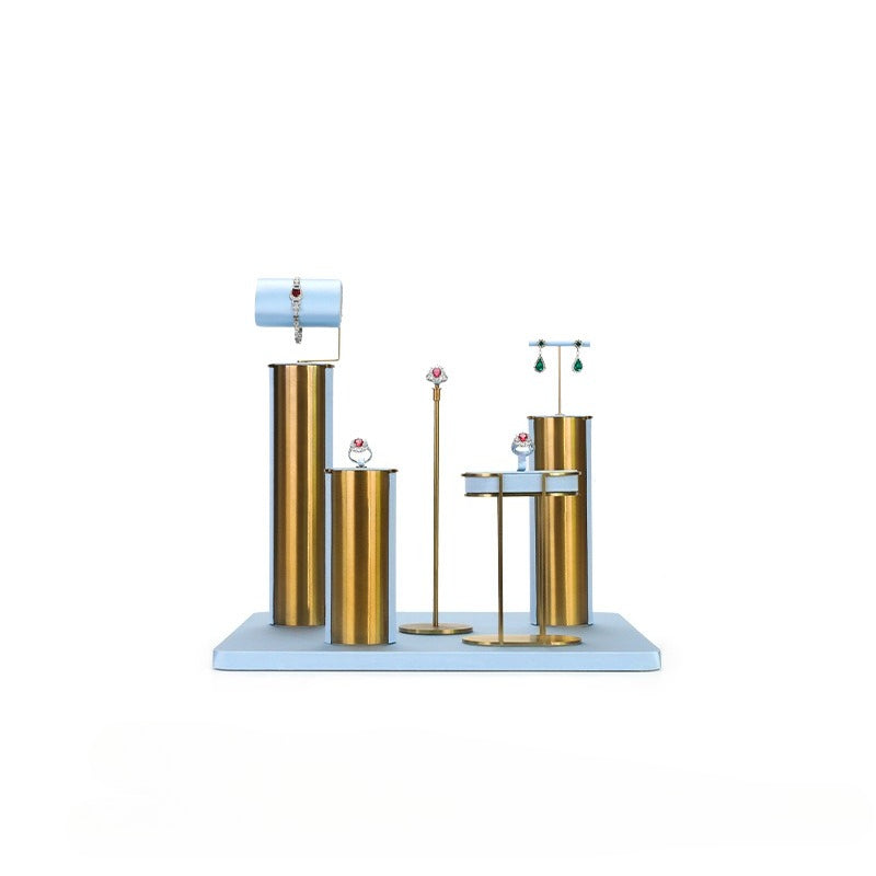 Light Blue & Gold Jewelry Display Set - Luxury Retail Stand with Necklace Bust, Earring & Ring Holders