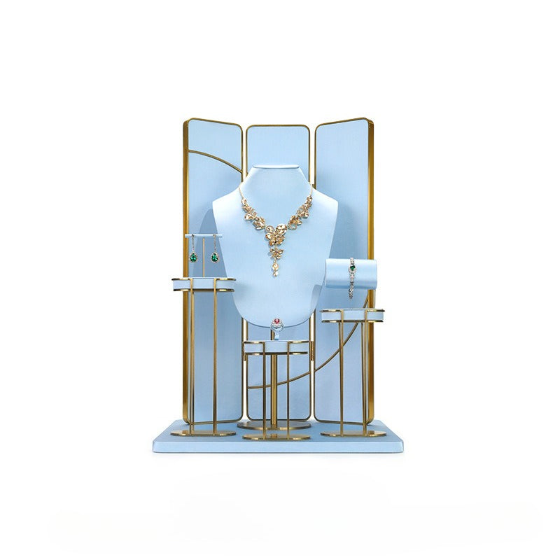 Light Blue & Gold Jewelry Display Set - Luxury Retail Stand with Necklace Bust, Earring & Ring Holders