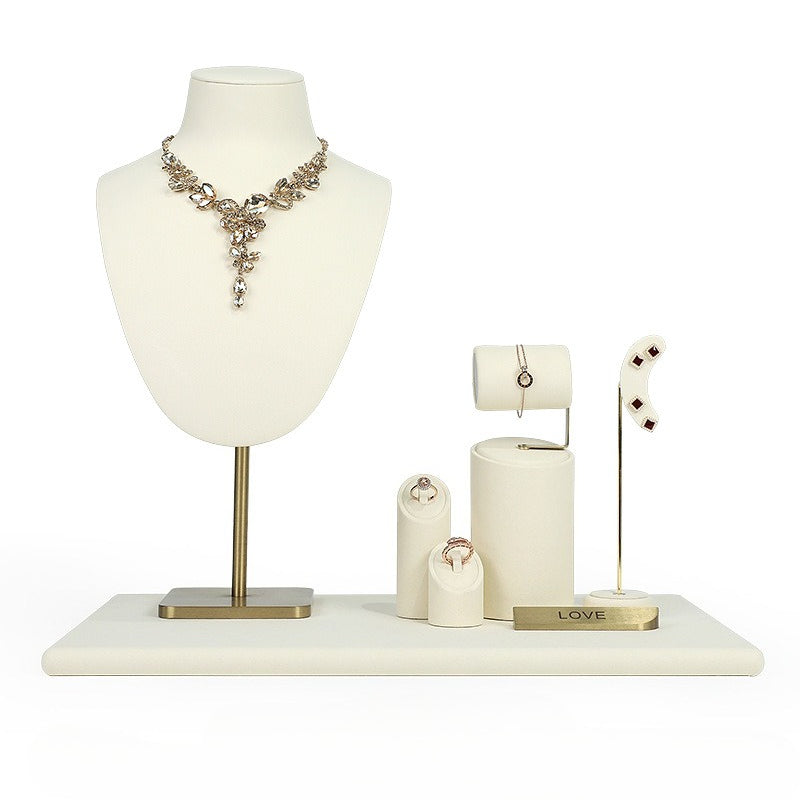 Cream White Velvet Jewelry Display Set with Gold Base - Complete Stand for Necklaces & Rings