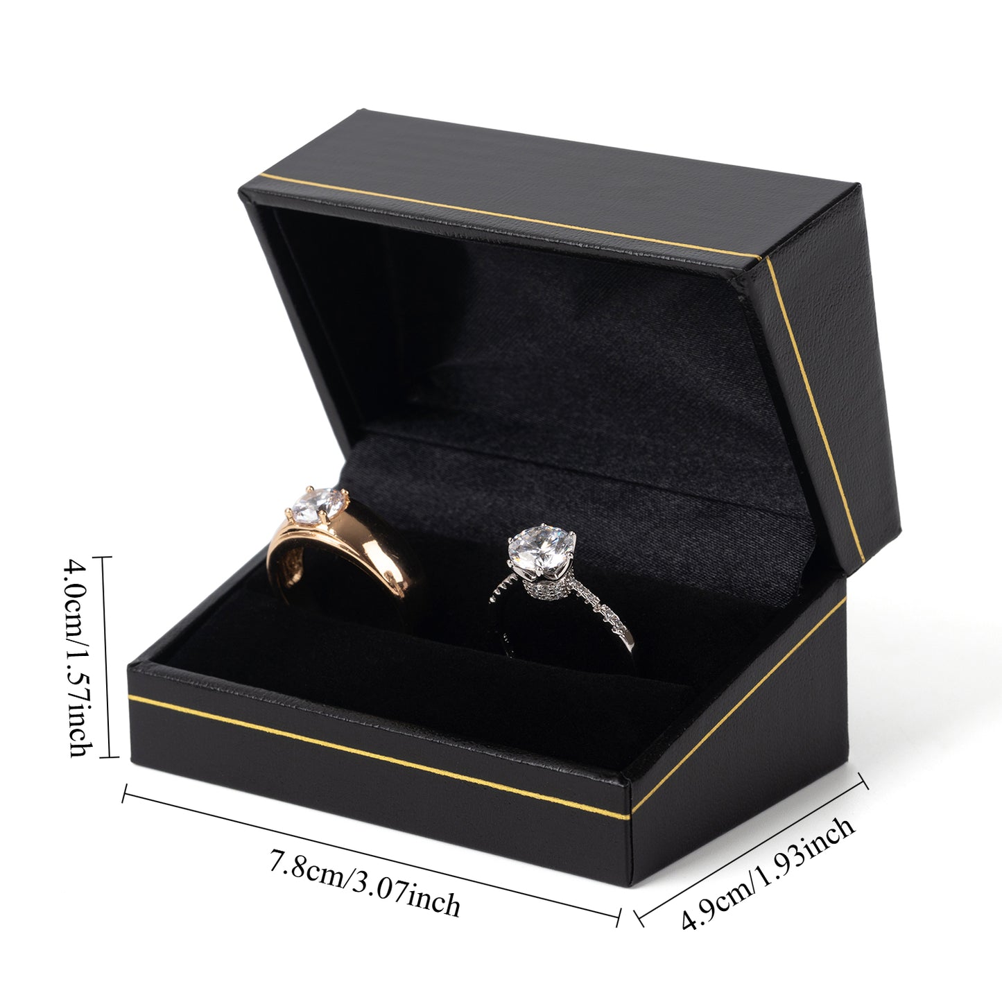 12PCS (LR5-BK) Black Double Ring Box With Gold Trim