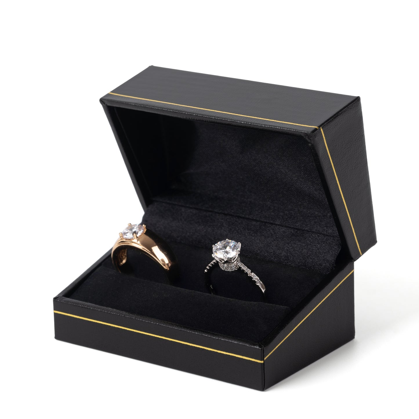 12PCS (LR5-BK) Black Double Ring Box With Gold Trim