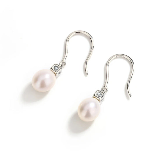 Designer 8mm single fresh water pearls womens simple 925 sterling silver freshwater cultured pearl earrings with stone