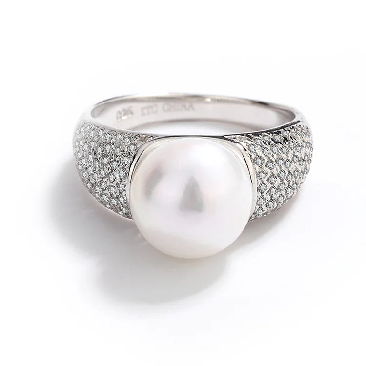 Wide 925 Sterling Silver Big Pearl Ladies Female Engagement Wedding Ring with Diamonds