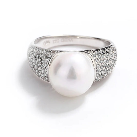 Wide 925 Sterling Silver Big Pearl Ladies Female Engagement Wedding Ring with Diamonds