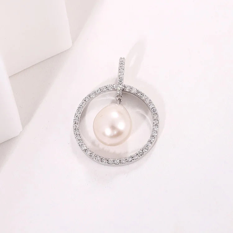 Women single freshwater pearl silver circle round necklace pendant for chains