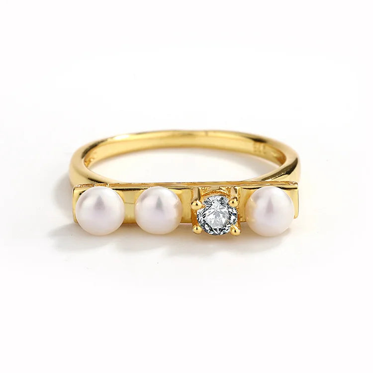 Ladies diamond gold plated sterling silver ring wedding ring with three pearls for women