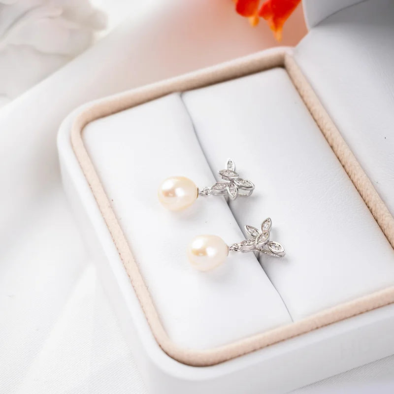 Zirconia fashion statement 925 sterling silver flower freshwater pearl dangle drop earrings with small zircon
