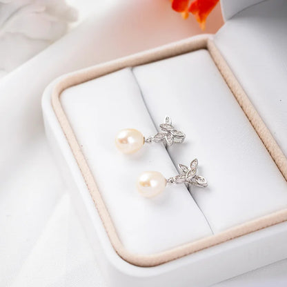 Zirconia fashion statement 925 sterling silver flower freshwater pearl dangle drop earrings with small zircon