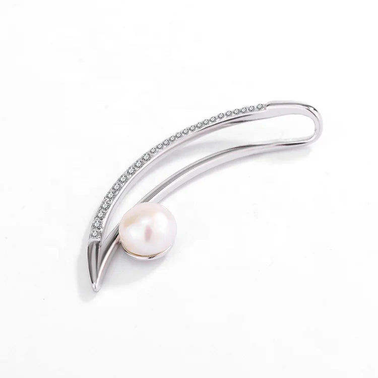 Custom diamond crescent moon 925 sterling silver freshwater pearl long pendant necklace