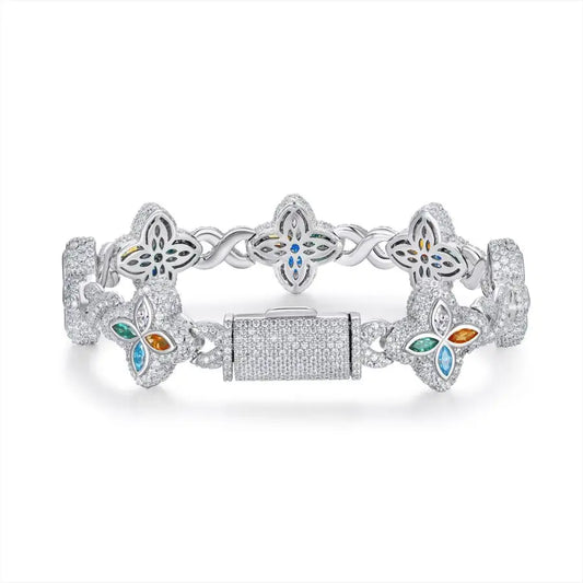 Fashionable 925 Silver Chain Bracelet with Moissanite & Four-Leaf Clover Design - Stylish Hip Hop Gift for Birthdays, Unisex