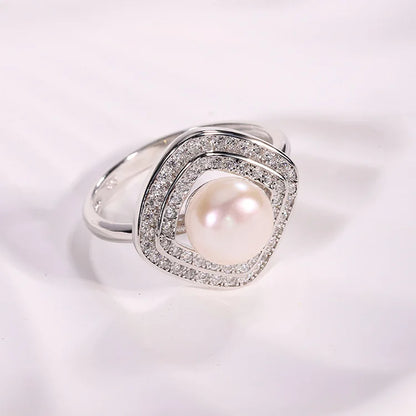 Quadruple Double Row Diamond Set 925 Sterling Silver Cultured Freshwater Pearl Ring
