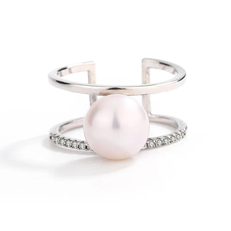 Simple double ring open adjustable custom diamond setting 925 sterling silver engagement ring with a pearl