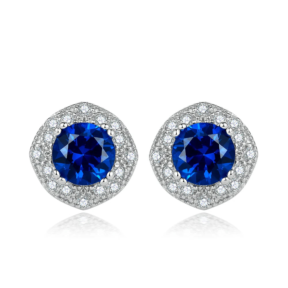 Silver Earrings Synthetic Sapphire Non Tarnish Jewelry Halo Studs Earrings Silver 925