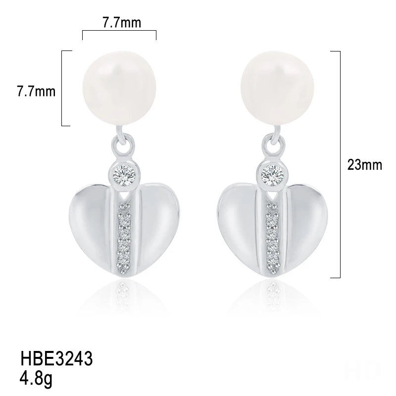 925 Sterling Silver Rhodium Plated Heart Freshwater Pearl pendant drop stud earrings Earrings for Women Wedding Party Gift