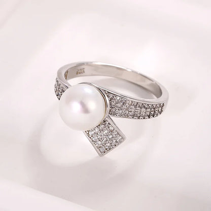 Women's jewelry 925 sterling silver diamond set cultured pearl ring