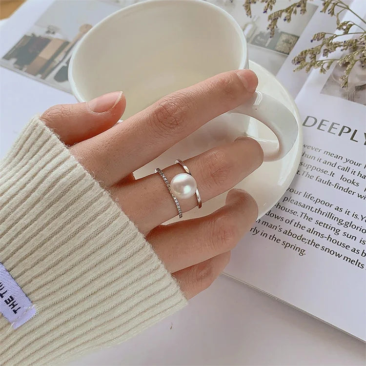 Simple double ring open adjustable custom diamond setting 925 sterling silver engagement ring with a pearl