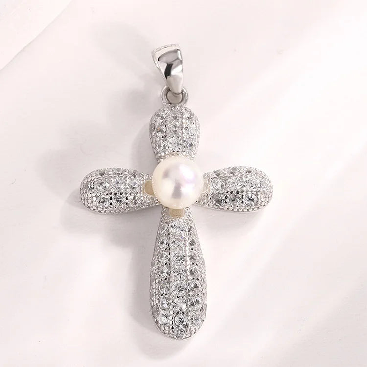 Women sterling silver moissanite diamond crucifix cross pendant with freshwater pearl