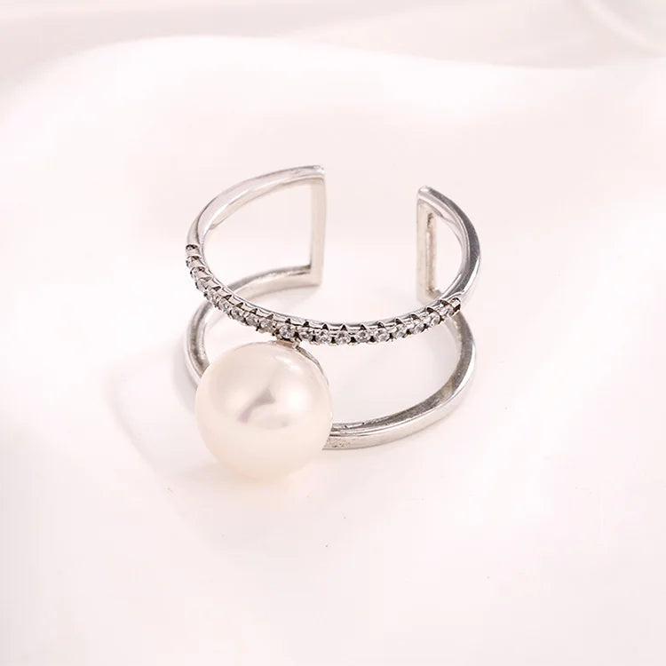 Simple double ring open adjustable custom diamond setting 925 sterling silver engagement ring with a pearl