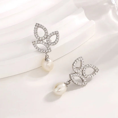 Cubic zirconi crystal diamond dangle drop 925 sterling silver freshwater cultured pearl earrings