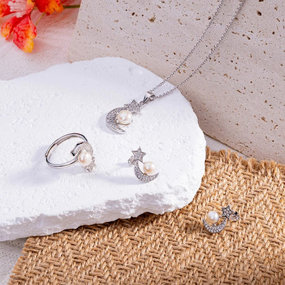Fashionable 925 silver jewelry set, pearl jewelry, earrings, rings, necklaces, perfect for various occasions such as weddings.