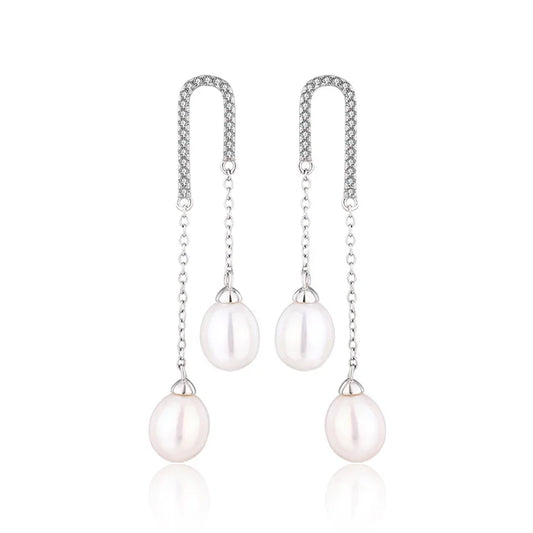 Fashionable 925 sterling silver waterdrop freshwater pearl drop long chain dangle zircon earrings