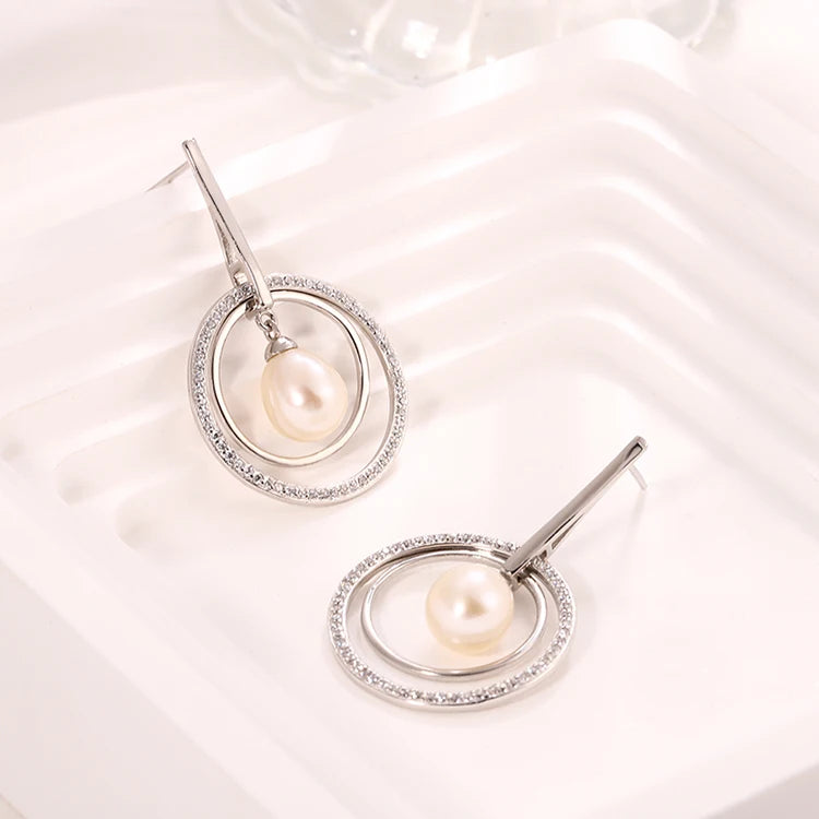 Fine Jewellery White Cubic Zircon Elegant Sterling Silver 925 Fresh Water Pearl Earrings for Women Wedding Party Gift