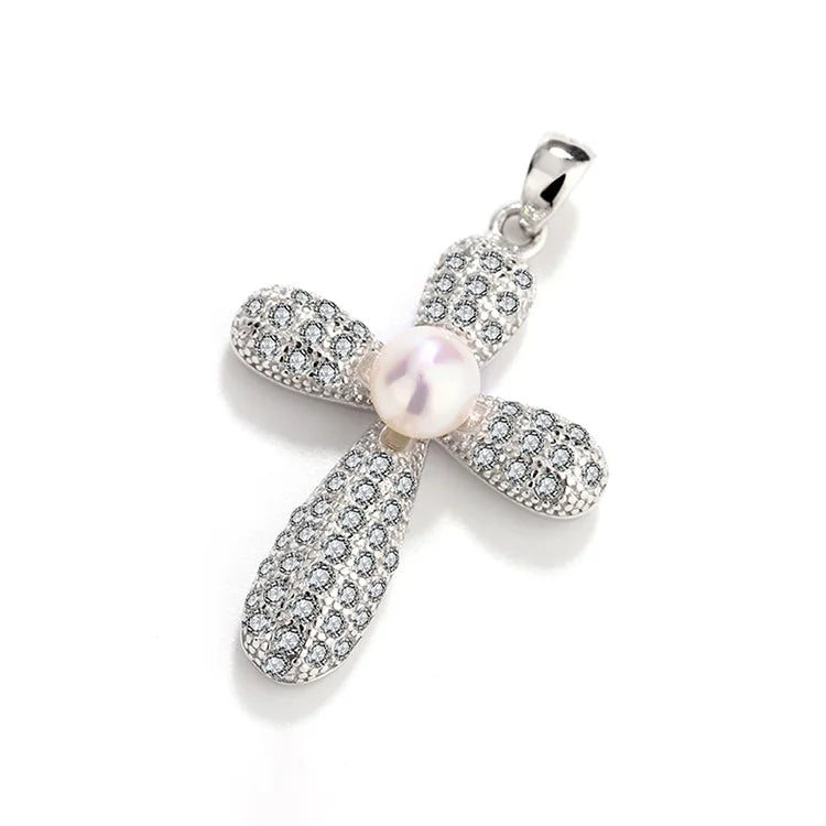 Women sterling silver moissanite diamond crucifix cross pendant with freshwater pearl