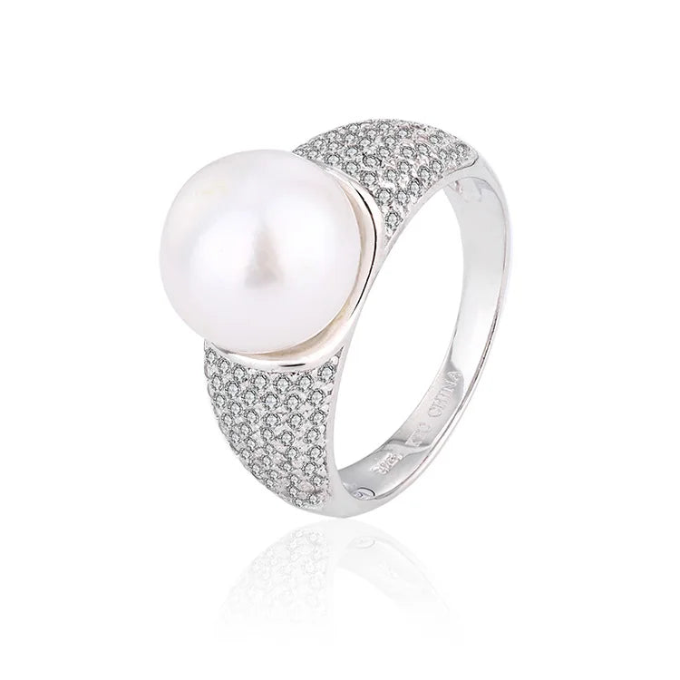 Wide 925 Sterling Silver Big Pearl Ladies Female Engagement Wedding Ring with Diamonds