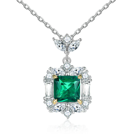 Luxury Emerald Cushion Cut 7*7mm 18k Thick Gold Plated Claw Setting 925 Silver Pendant Necklaces for Party