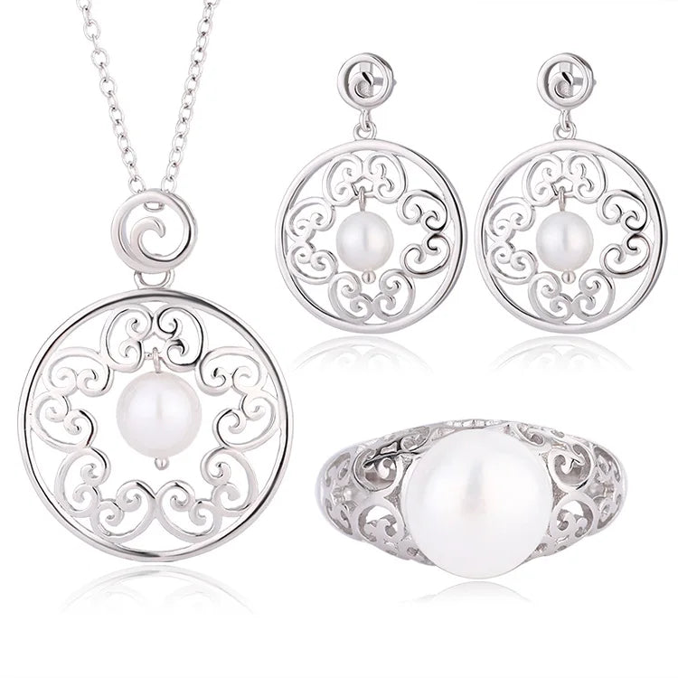 Fashion women jewelry dainty ring 925 sterling silver fresh water pearls pendant necklace and earrings set