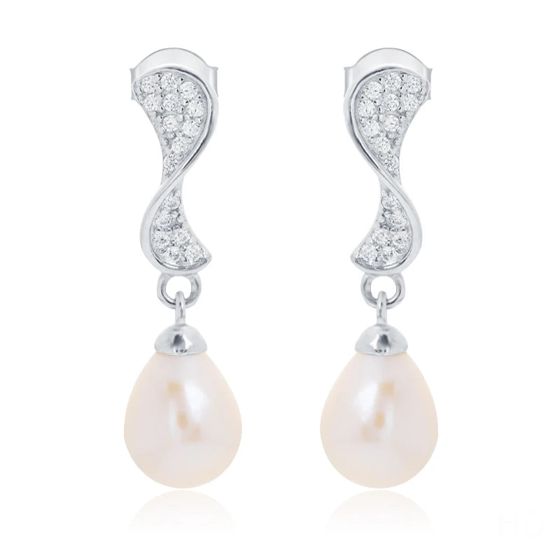 Unique statement crystal diamond setting 925 sterling silver freshwater pearl dangle drop earrings