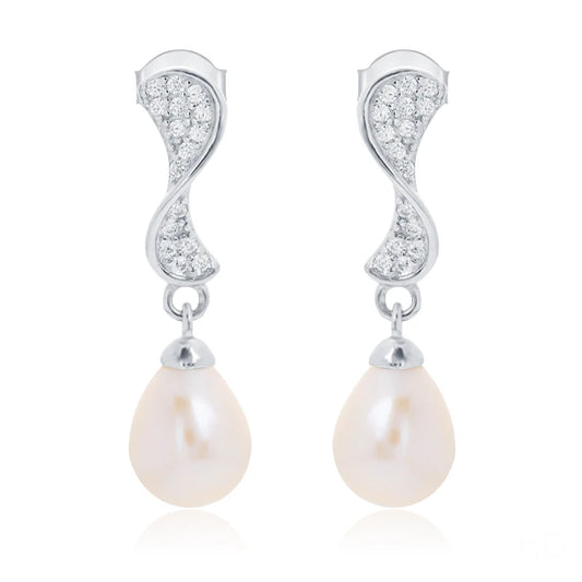 Unique statement crystal diamond setting 925 sterling silver freshwater pearl dangle drop earrings