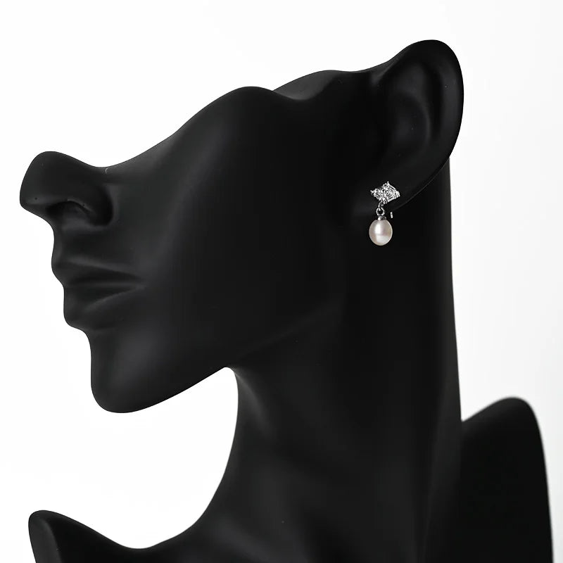 luxury 925 Silver Freshwater pearl earring ladies fashion drop pendant earrings Rhodium Plated  Engagement Women  Stud Earrings