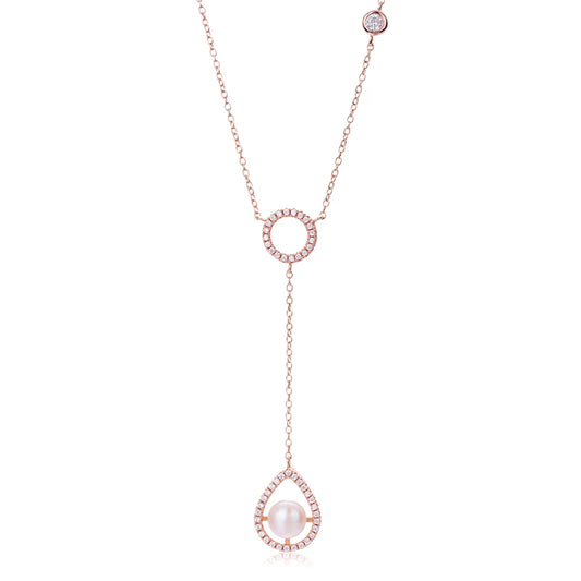 Customizable necklace rose gold plated long drop dangle pearl charm pendant necklace