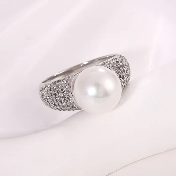 Wide 925 Sterling Silver Big Pearl Ladies Female Engagement Wedding Ring with Diamonds