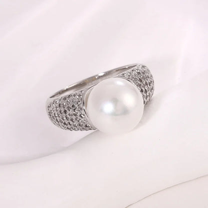 Wide 925 Sterling Silver Big Pearl Ladies Female Engagement Wedding Ring with Diamonds
