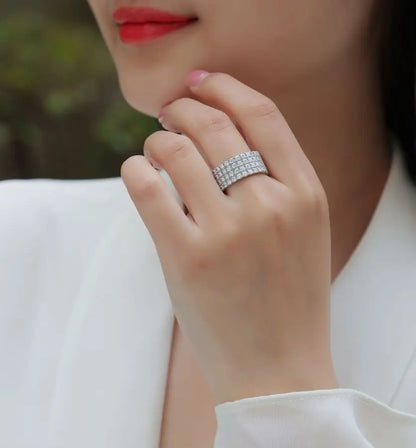 JEWELLER BUY 1pc Radiant 4-Row Moissanite Ring - 925 Sterling Silver Men's Engagement and Wedding Band - Hypoallergenic