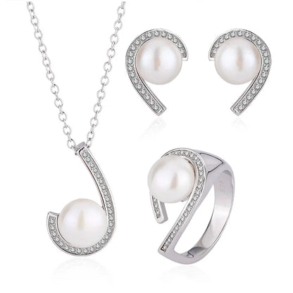 High quality pearl ring pendant necklace earrings set fashion luxury 925 sterling silver zircon jewelry sets for women