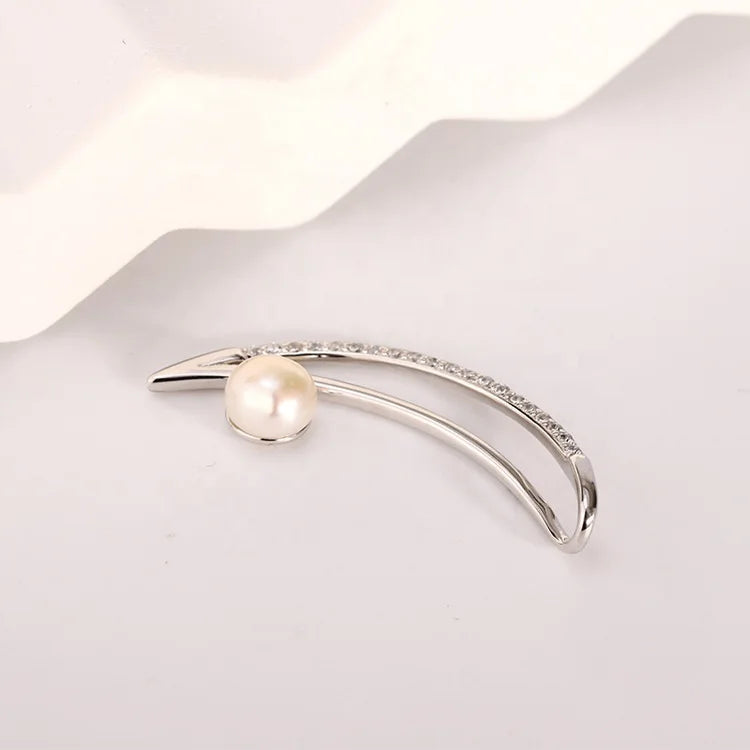 Custom diamond crescent moon 925 sterling silver freshwater pearl long pendant necklace