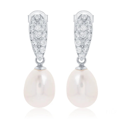 Statement White Cubic Zircon S925 sterling silver chic freshwater pearl pendant drop stud earrings  Gifts earrings for Women