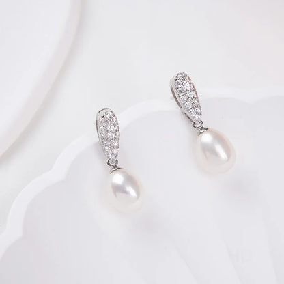 Statement White Cubic Zircon S925 sterling silver chic freshwater pearl pendant drop stud earrings  Gifts earrings for Women