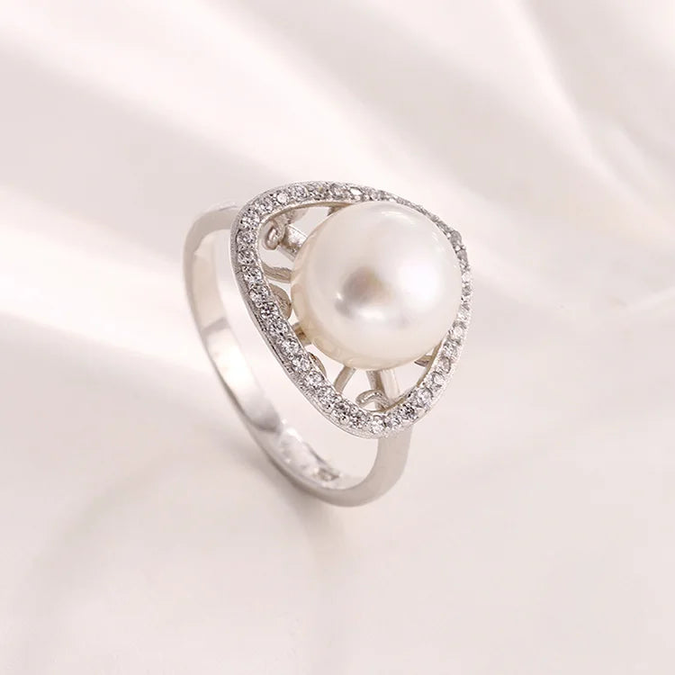 Cubic zirconia diamond setting round triangle dainty 925 sterling silver freshwater pearl ring for women