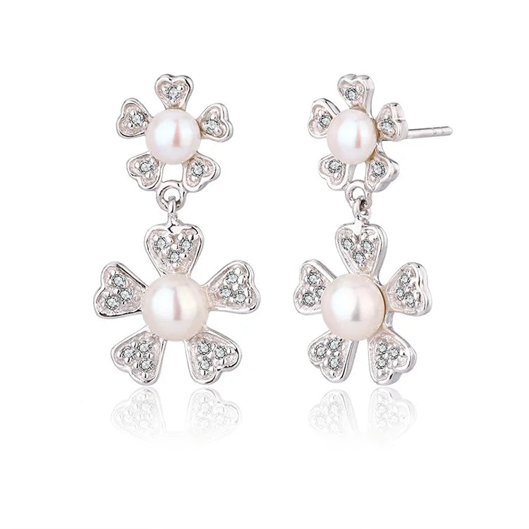 Fancy double pearl flower stud 925 sterling silver freshwater cultured pearl earrings