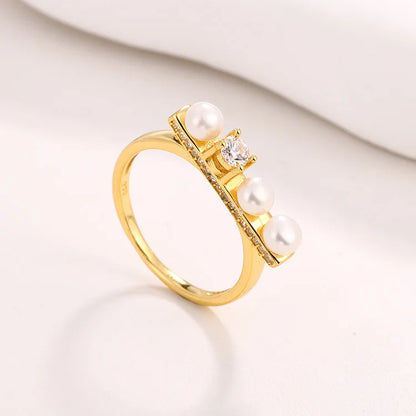 Ladies diamond gold plated sterling silver ring wedding ring with three pearls for women
