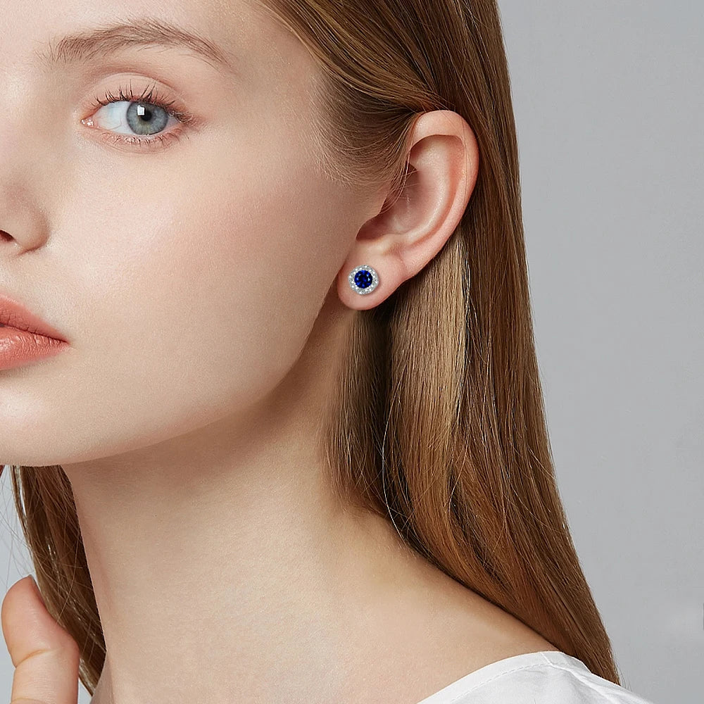 Silver Earrings Synthetic Sapphire Non Tarnish Jewelry Halo Studs Earrings Silver 925