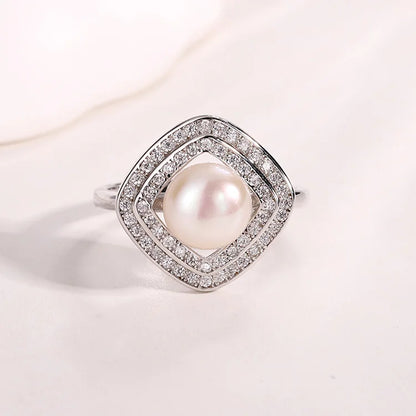 Quadruple Double Row Diamond Set 925 Sterling Silver Cultured Freshwater Pearl Ring