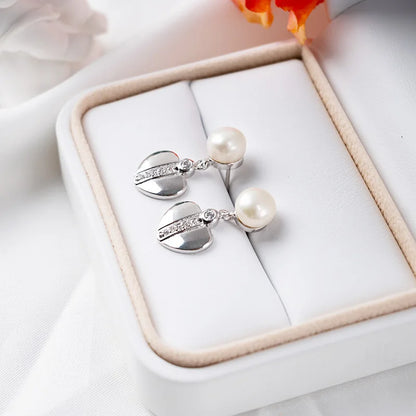 925 Sterling Silver Rhodium Plated Heart Freshwater Pearl pendant drop stud earrings Earrings for Women Wedding Party Gift