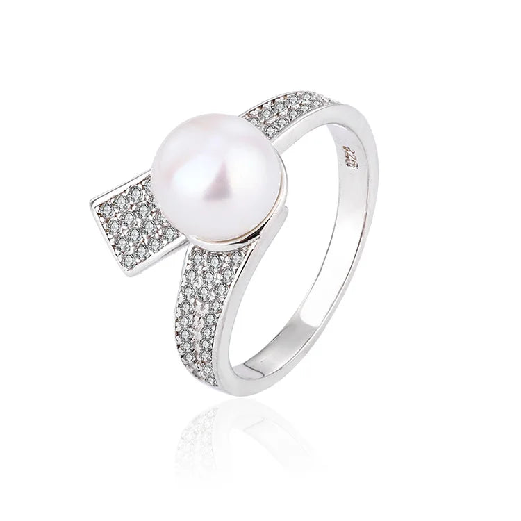 Women's jewelry 925 sterling silver diamond set cultured pearl ring